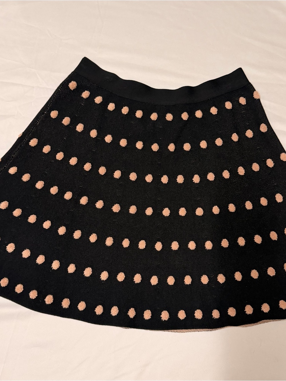 BCBG Maxazria Black Mini Skirt with Cream Polka Dot Preppy Skater Size Large - Picture 2 of 9